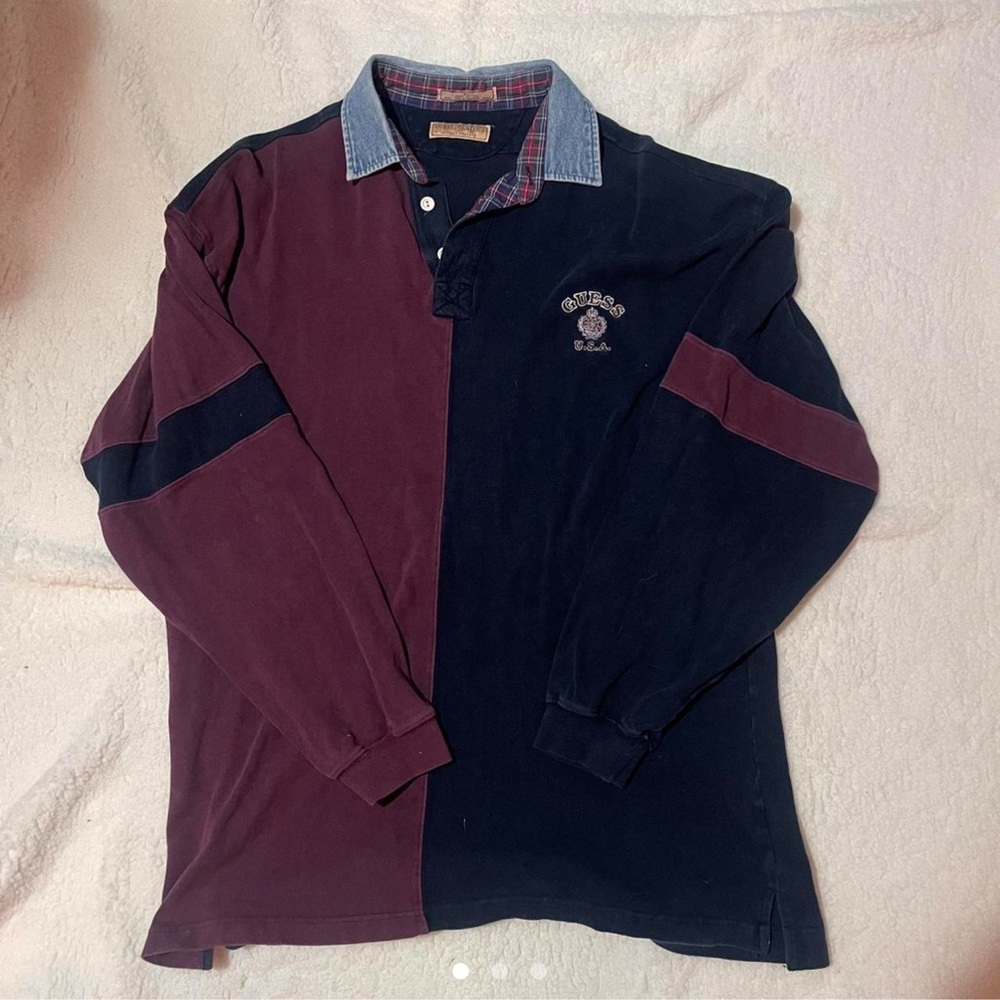 Guess USA Maroon & Dark Blue Patchwork Long Dress Shirt